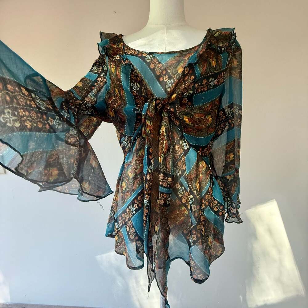 Vintage Y2K Sheer Floral Paisley Ruffle Tie-Front Bell Sleeve Blouse